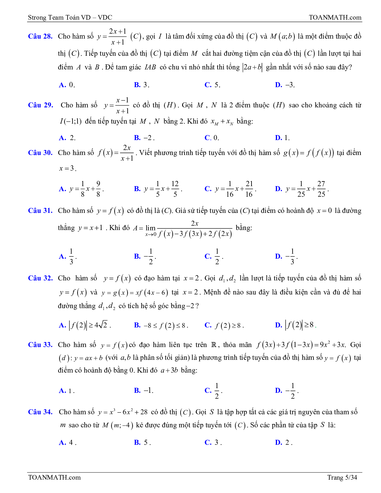 Bài tập VD – VDC tiếp tuyến của đồ thị hàm số có đáp án và lời giải (trang 5)