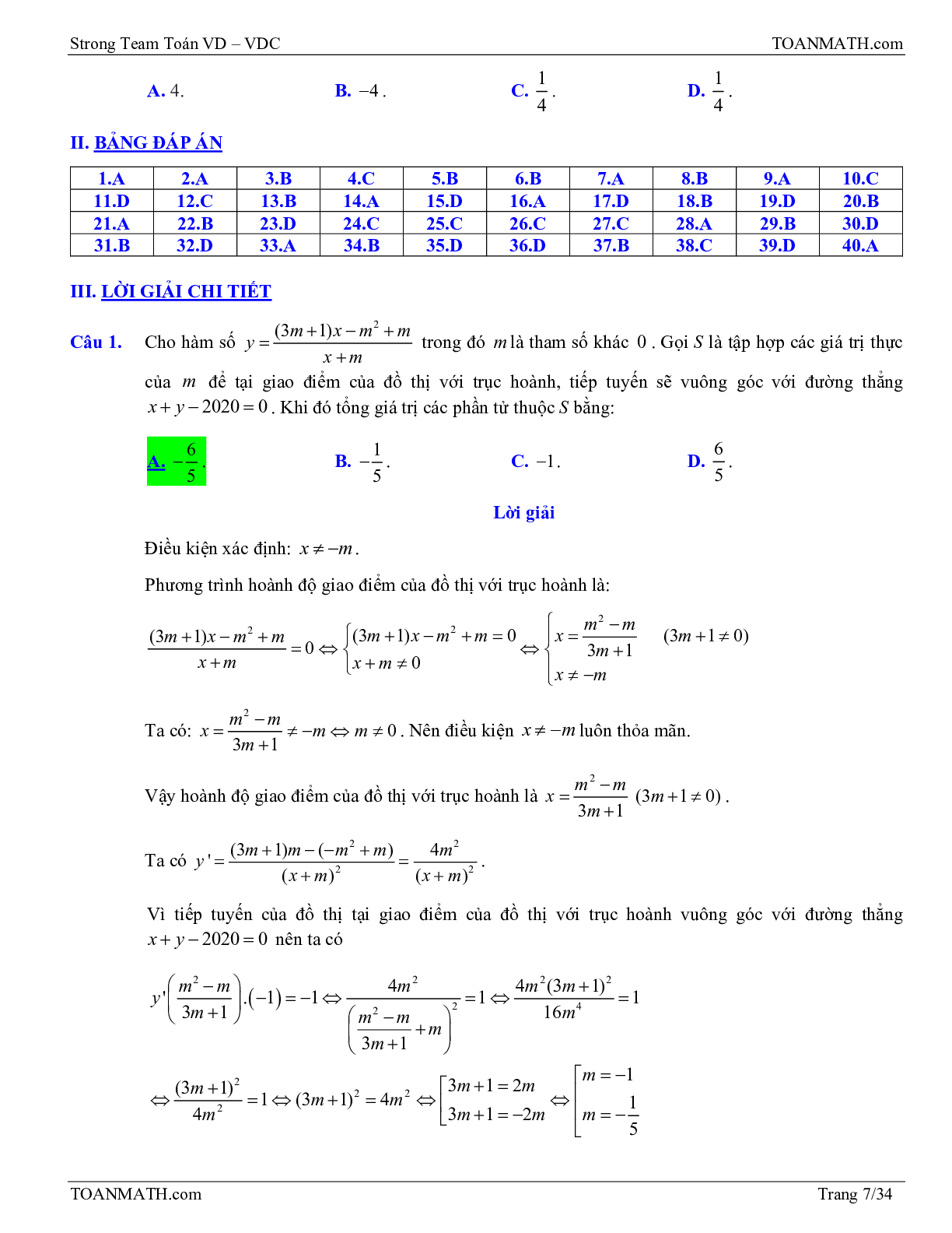 Bài tập VD – VDC tiếp tuyến của đồ thị hàm số có đáp án và lời giải (trang 7)