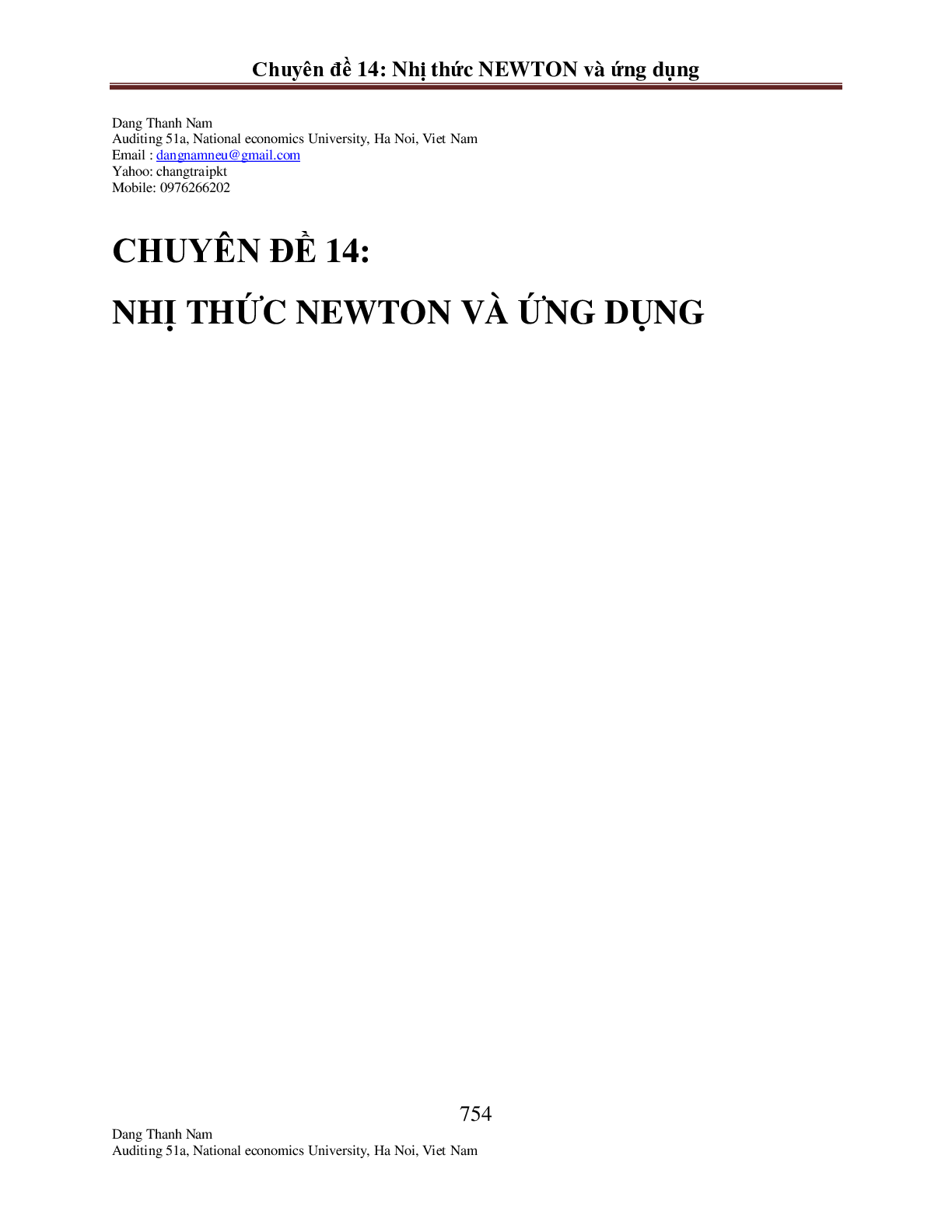 Chuyên đề Nhị thức Newton 2023 hay, chọn lọc (trang 1)
