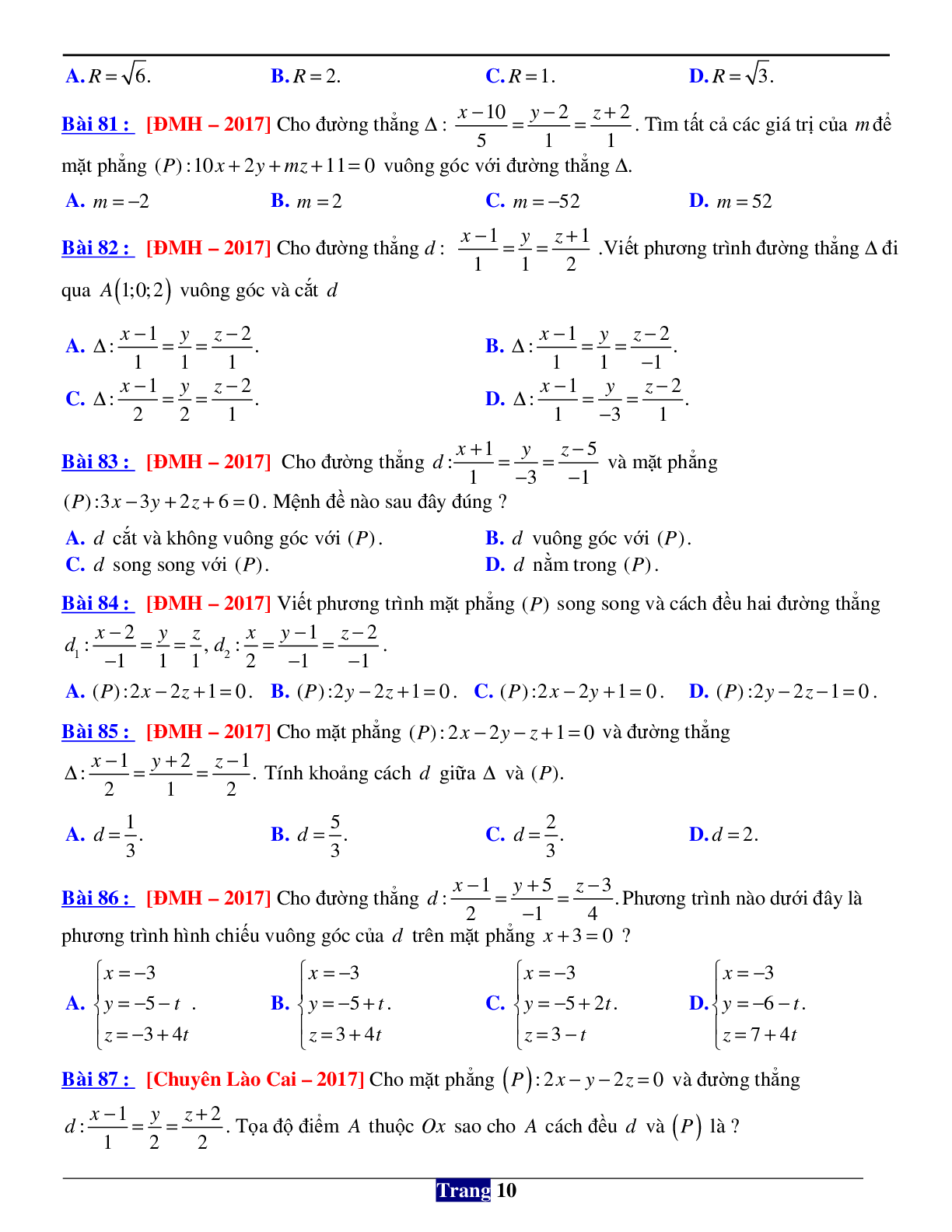 146 câu trắc nghiệm về phương pháp tọa độ trong không gian Oxyz (trang 10)