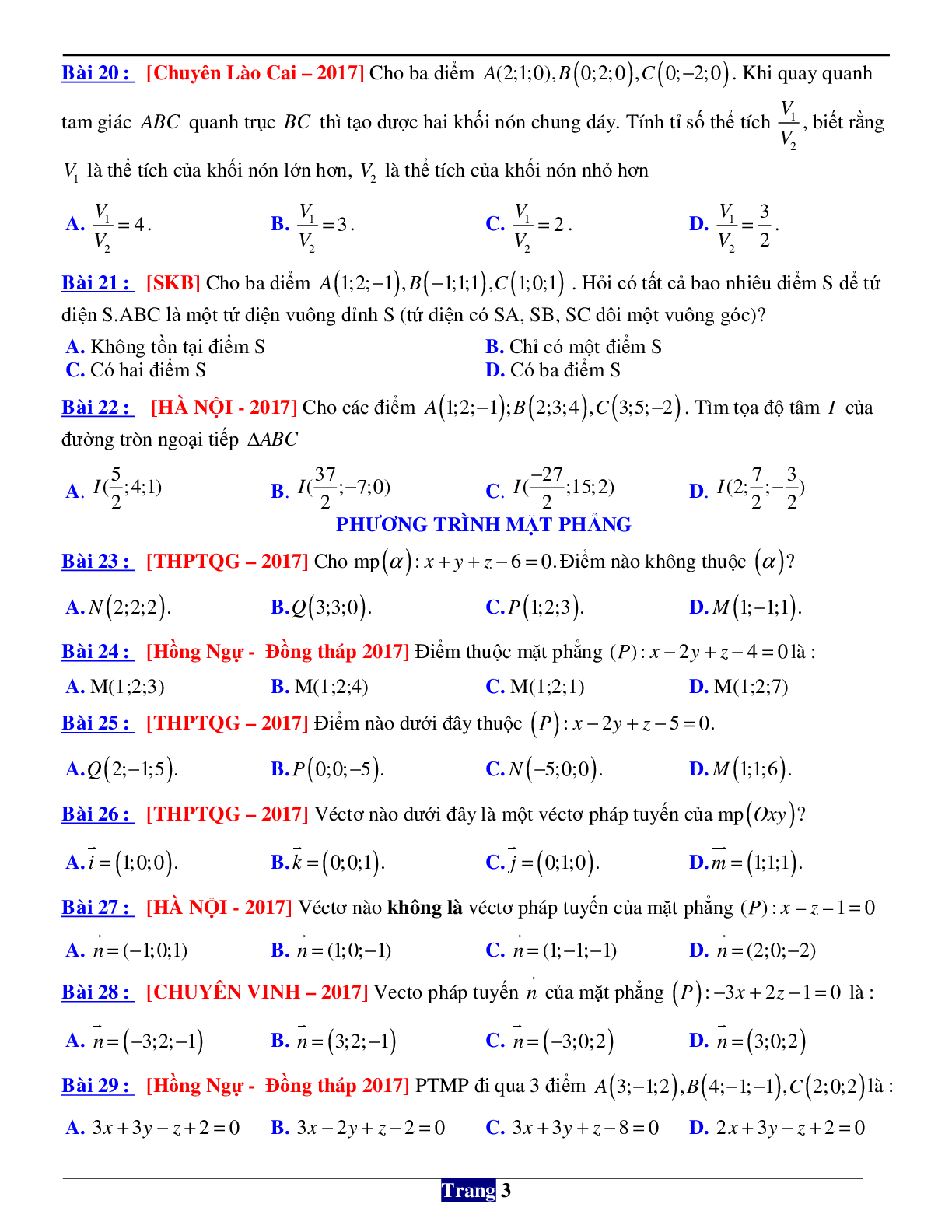 146 câu trắc nghiệm về phương pháp tọa độ trong không gian Oxyz (trang 3)