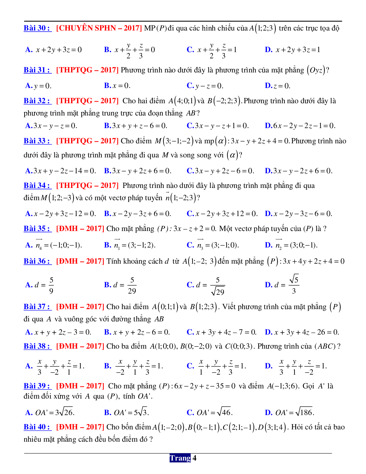 146 câu trắc nghiệm về phương pháp tọa độ trong không gian Oxyz (trang 4)