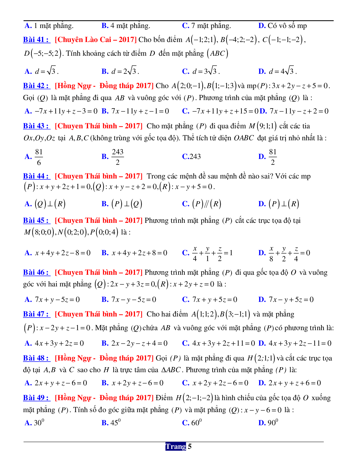 146 câu trắc nghiệm về phương pháp tọa độ trong không gian Oxyz (trang 5)