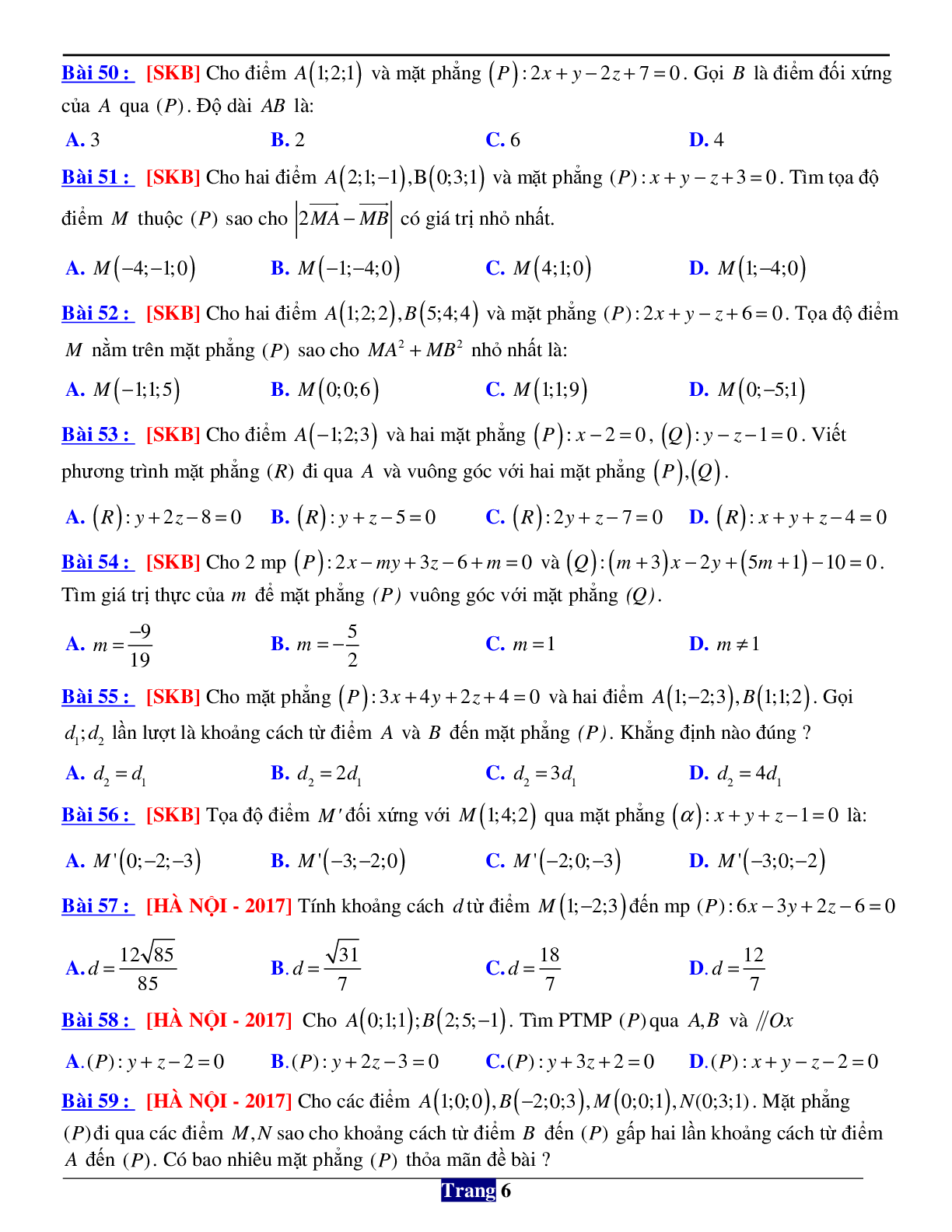 146 câu trắc nghiệm về phương pháp tọa độ trong không gian Oxyz (trang 6)