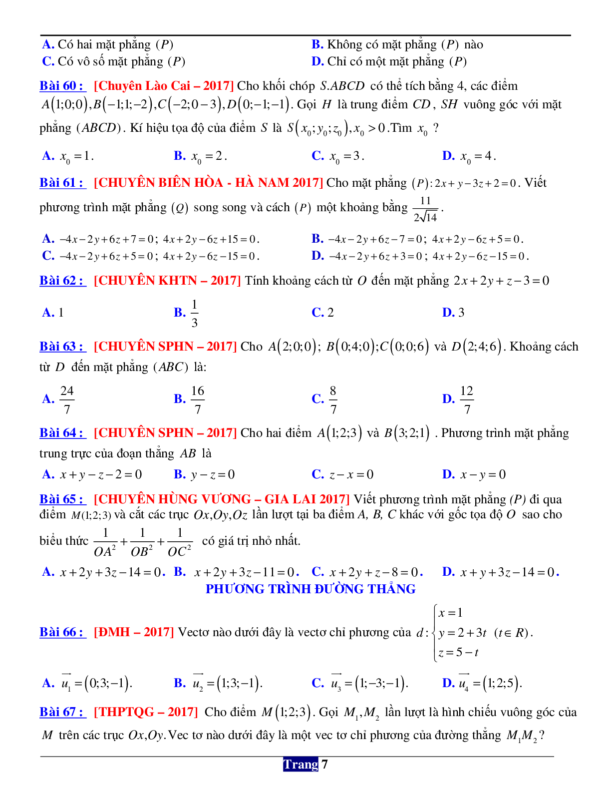 146 câu trắc nghiệm về phương pháp tọa độ trong không gian Oxyz (trang 7)