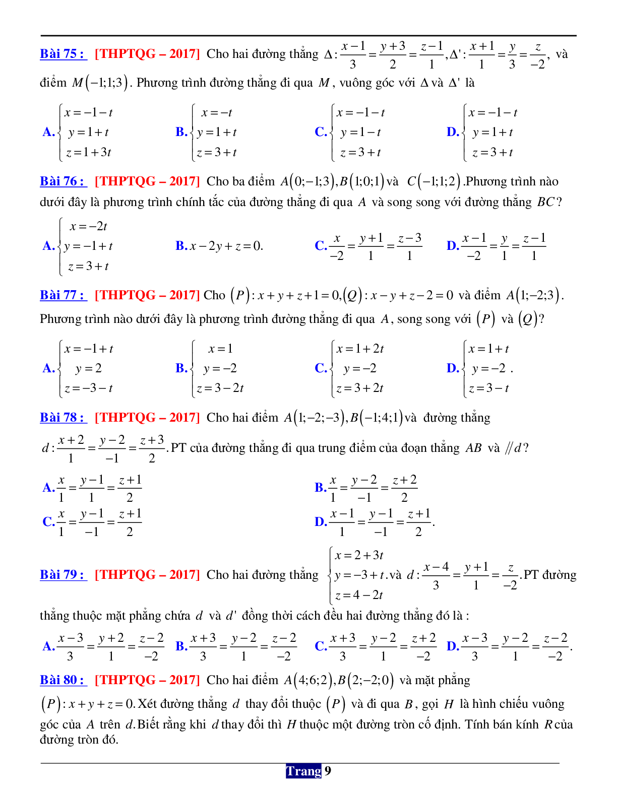 146 câu trắc nghiệm về phương pháp tọa độ trong không gian Oxyz (trang 9)