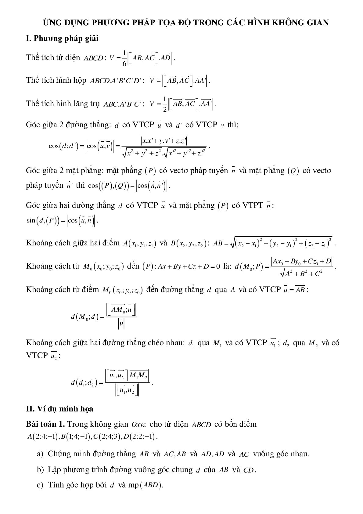 Ứng dụng phương pháp tọa độ trong các hình không gian (trang 1)