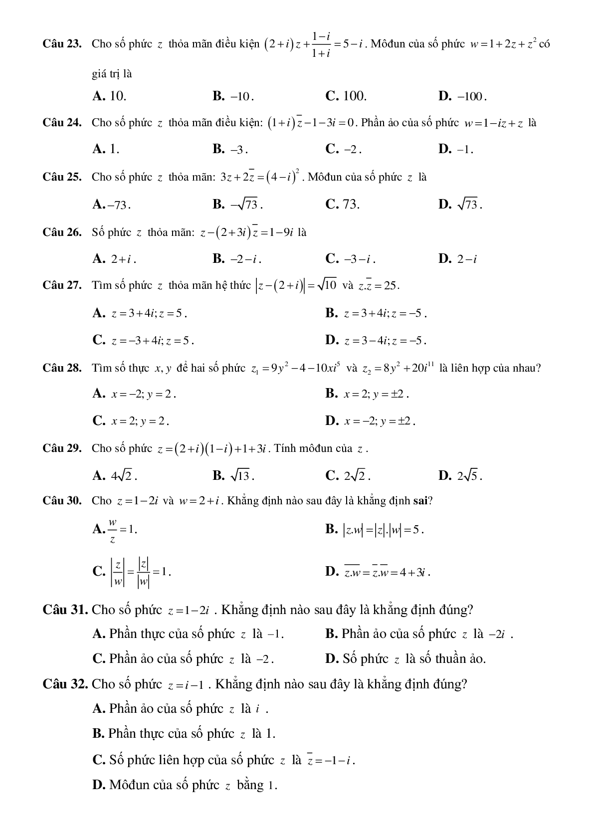 25 câu Trắc nghiệm Cộng, trừ và nhân số phức có đáp án 2023 – Toán 12 (trang 3)