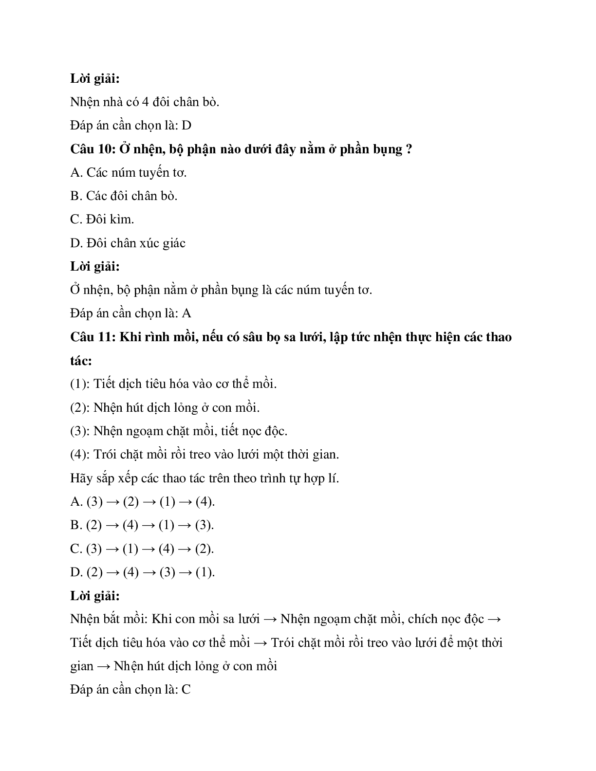 Trắc nghiệm Sinh học 7 Bài 25 có đáp án: Nhện và sự đa dạng của lớp hình nhện (trang 4)