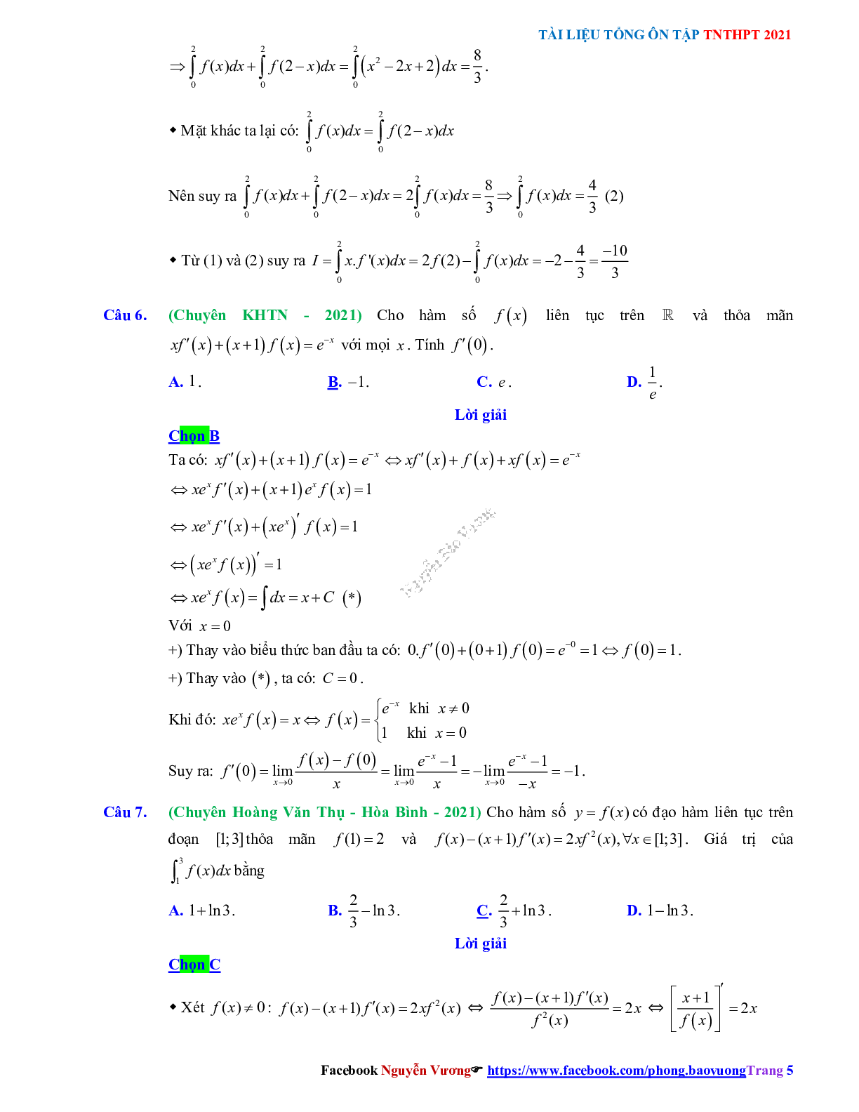 Trắc nghiệm Ôn thi THPT QG Toán 12: Đáp án nguyên hàm - tích phân mức độ vận dụng cao (trang 5)