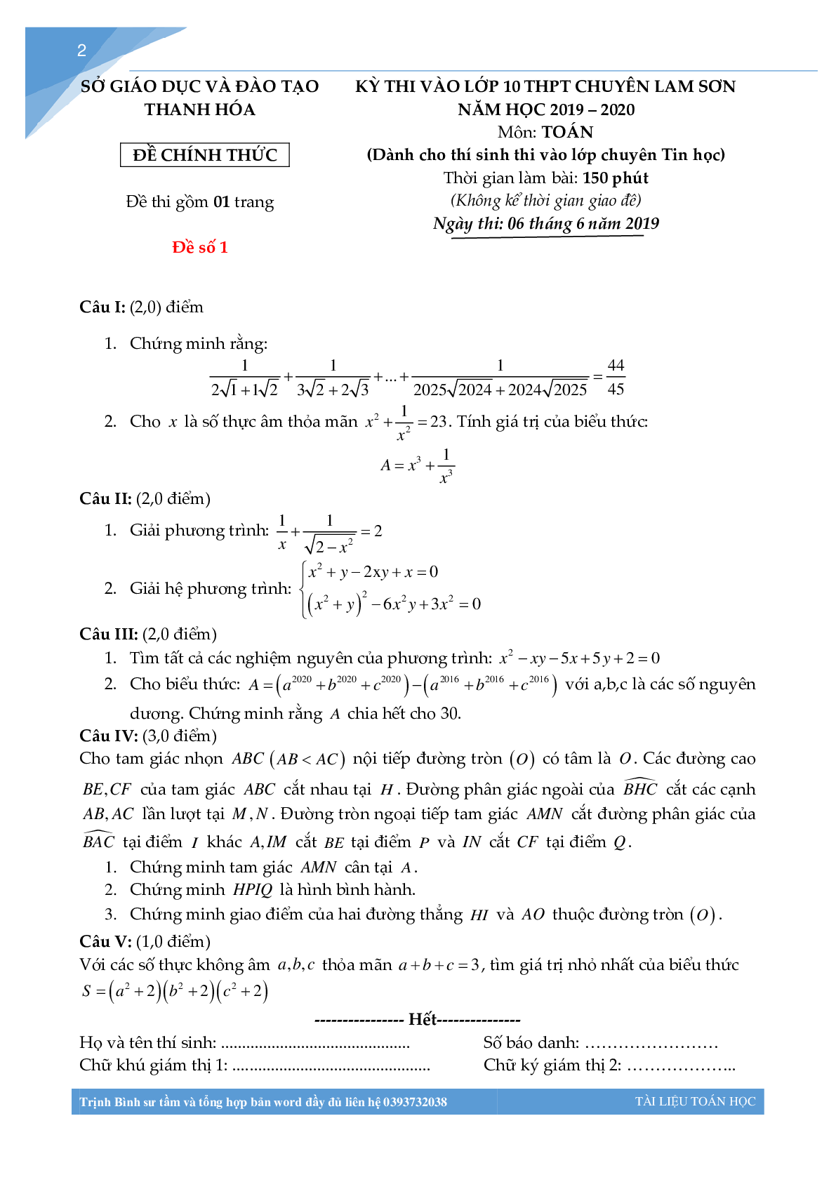 Tuyển tập đề thi vào lớp 10 môn toán Chuyên Lam Sơn (trang 1)