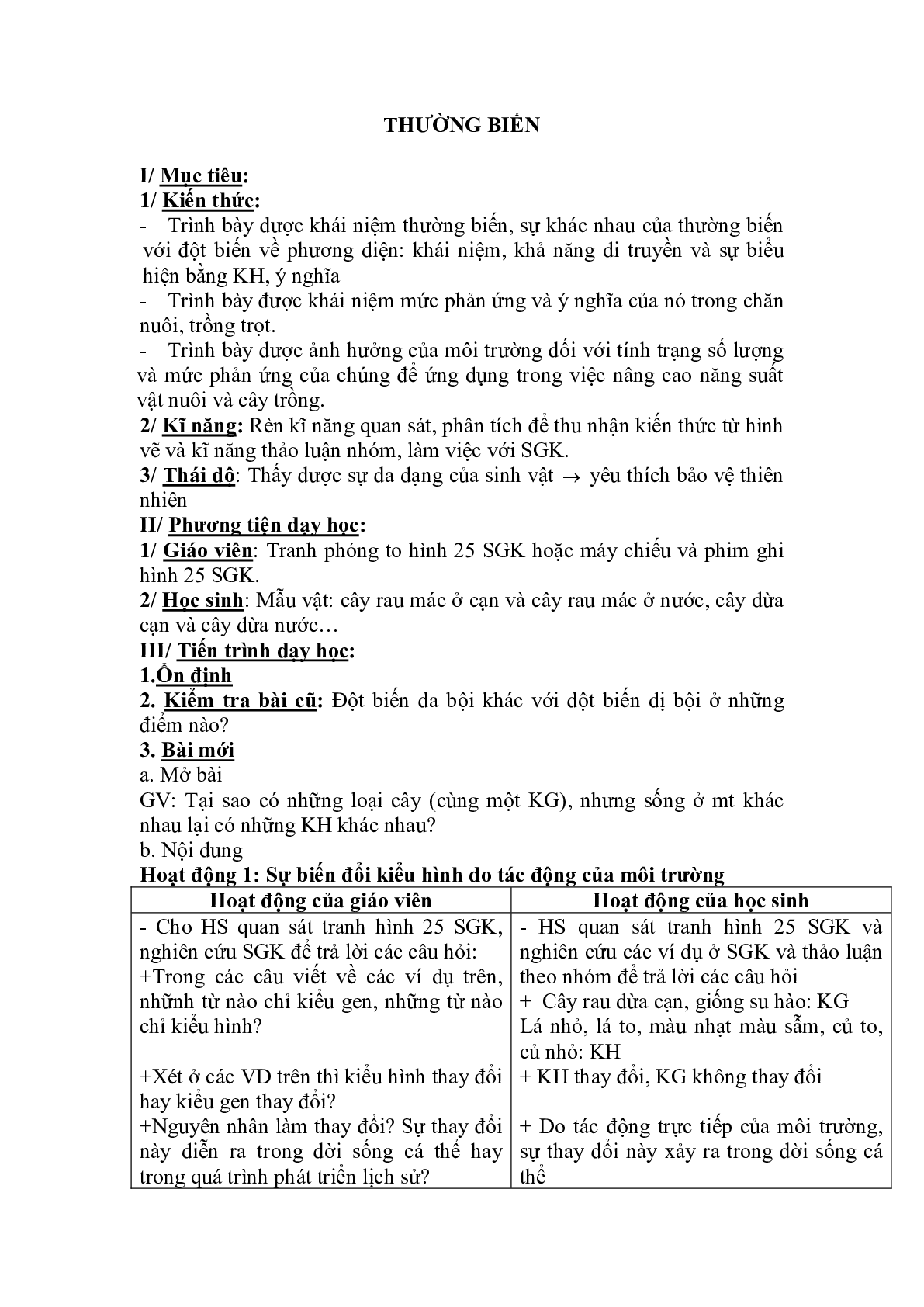 Giáo án Sinh học 9 Bài 25: Thường biến mới, chuẩn nhất (trang 1)