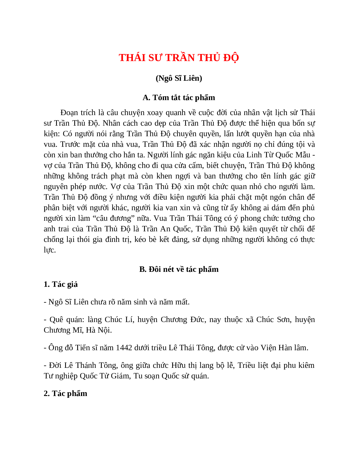 Thái sư Trần Thủ Độ - Tác giả tác phẩm – Ngữ văn lớp 10 (trang 1)