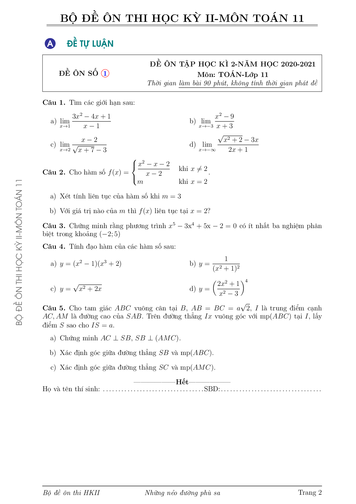 Bộ đề ôn thi học kỳ 2 môn Toán lớp 11 trường THCS-THPT Hoa Sen (trang 2)