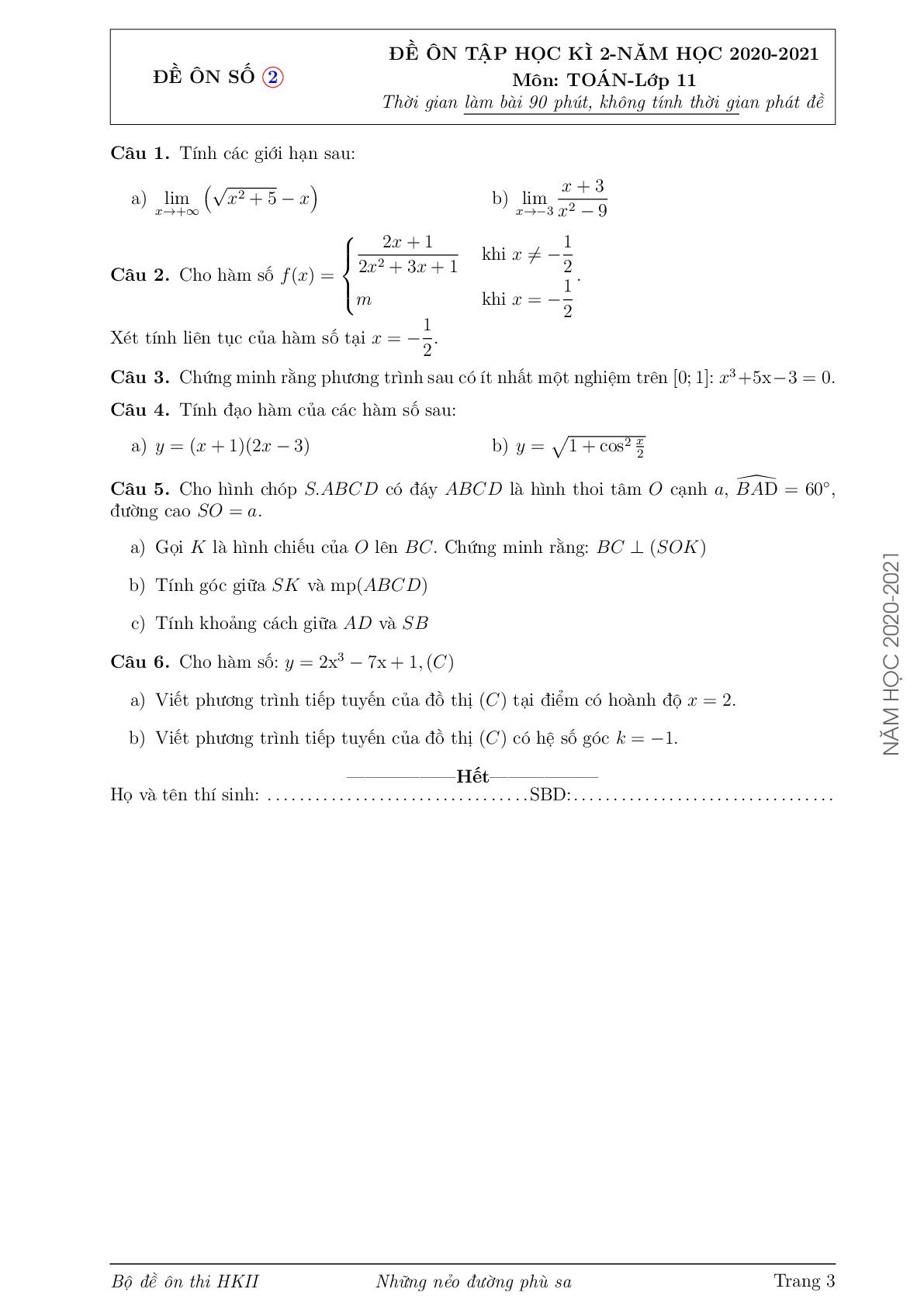 Bộ đề ôn thi học kỳ 2 môn Toán lớp 11 trường THCS-THPT Hoa Sen (trang 3)