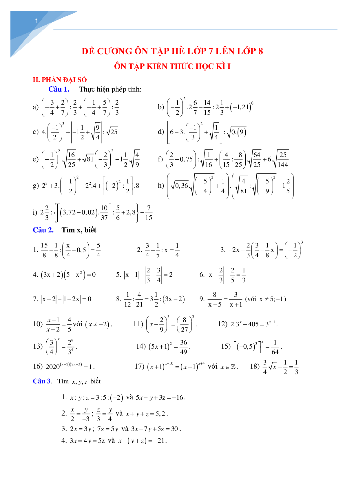 Tài liệu ôn tập hè môn toán lớp 7 lên lớp 8 (trang 1)