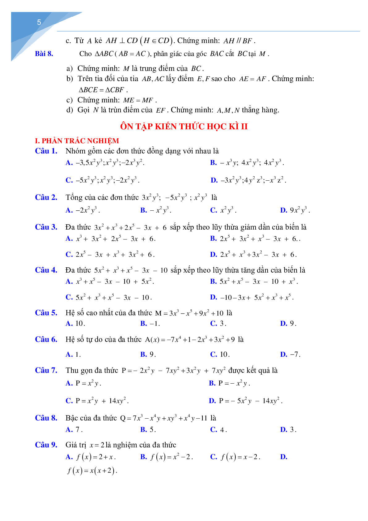 Tài liệu ôn tập hè môn toán lớp 7 lên lớp 8 (trang 5)
