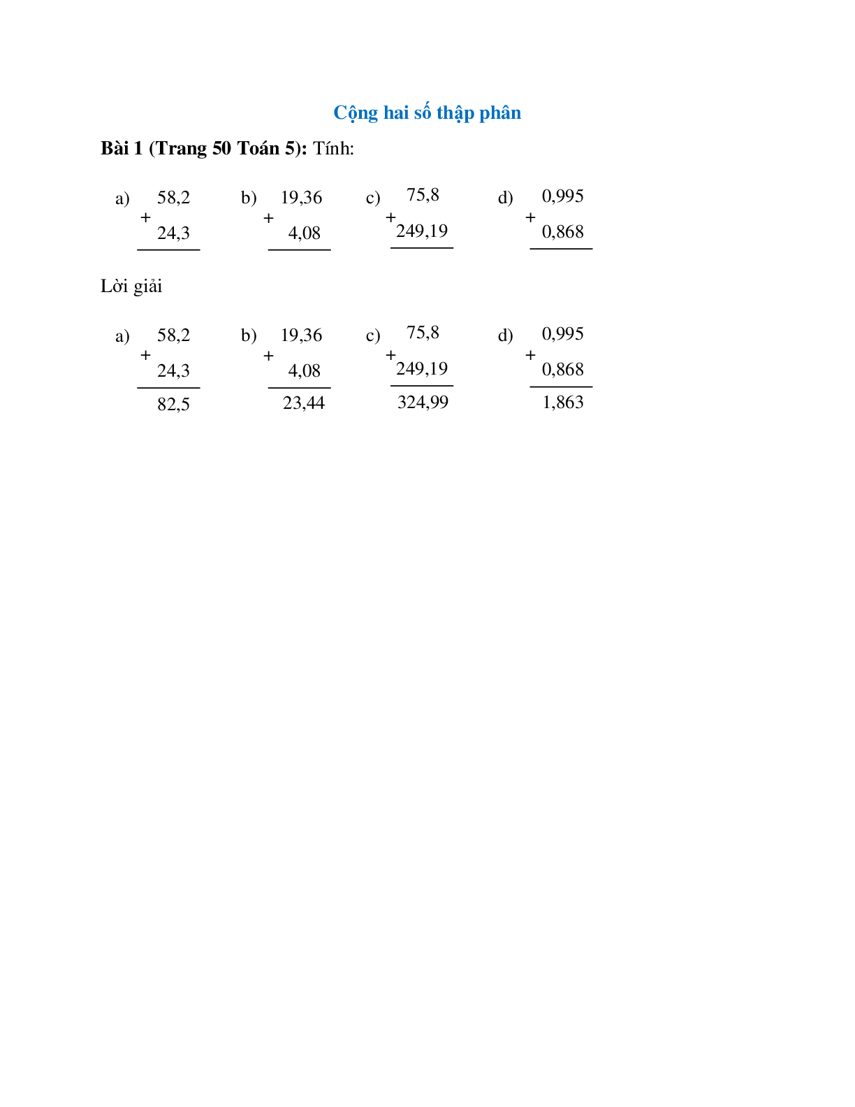 Tính: 58,2 + 24,3 Bài 1 Trang 50 Toán 5 (trang 1)