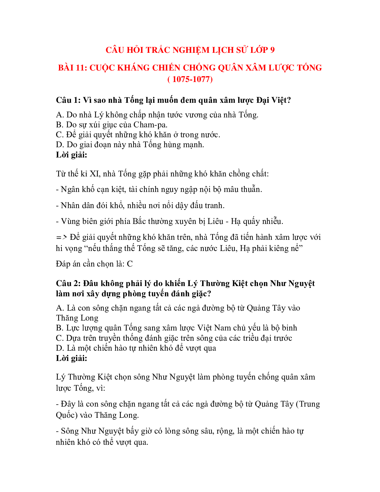 Trắc nghiệm Lịch sử 7 Bài 11 có đáp án: Cuộc kháng chiến chống quân Tống (1075-1077) (trang 1)