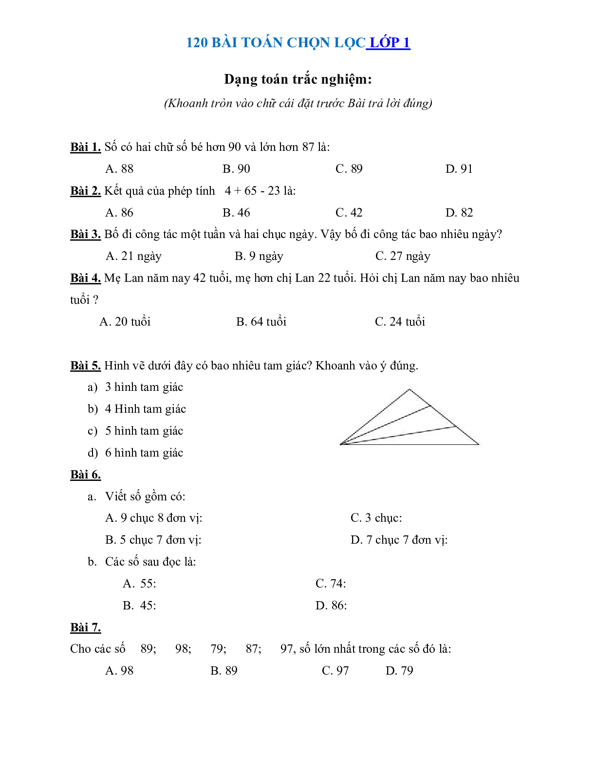 120 bài toán chọn lọc môn Toán lớp 1 (trang 1)