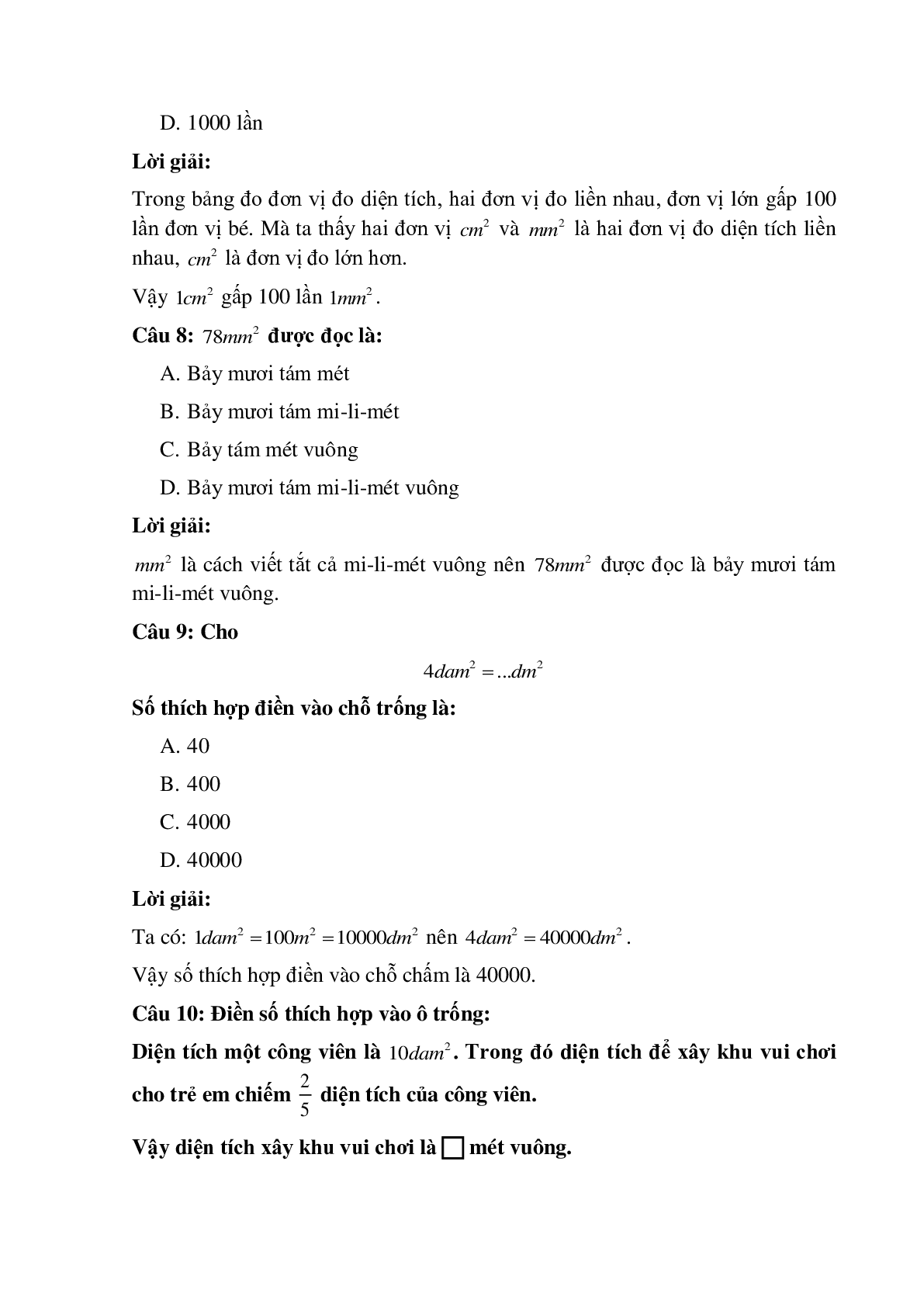 12 câu Trắc nghiệm  Mi-li-mét vuông. Bảng đơn vị đo diện tích có đáp án 2023 – Toán lớp 5 (trang 3)