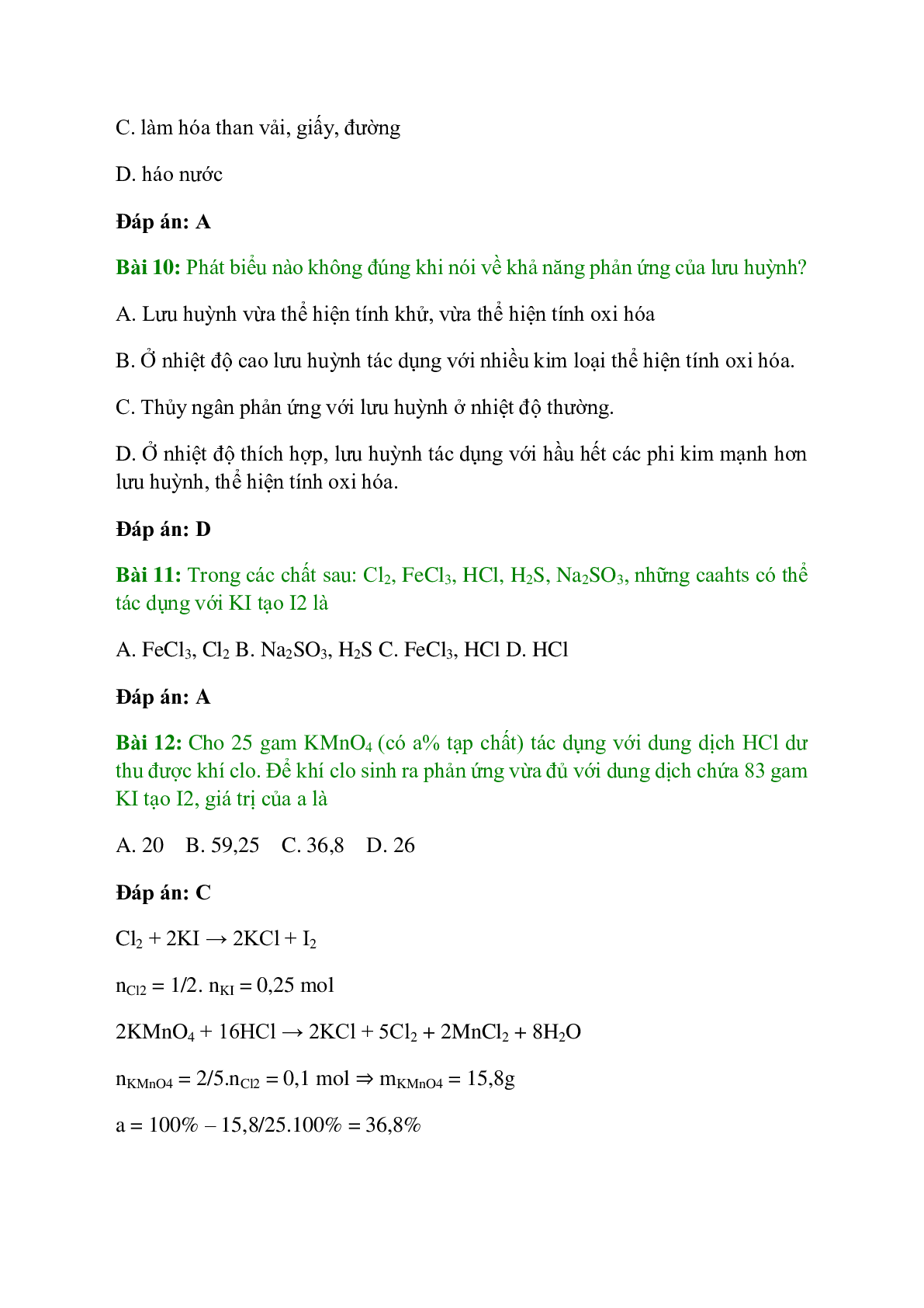 Trắc nghiệm Ôn tập học kì 2 có đáp án - Hóa học 10 (trang 4)