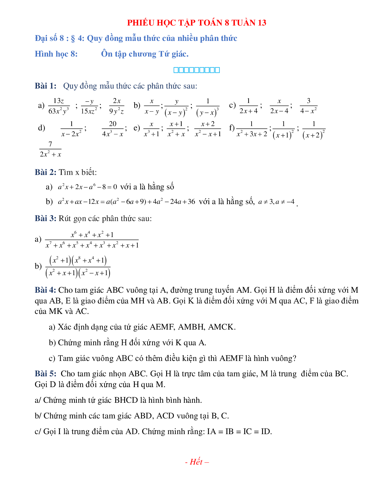 Phiếu bài tập tuần 13 - Toán 8 (trang 1)