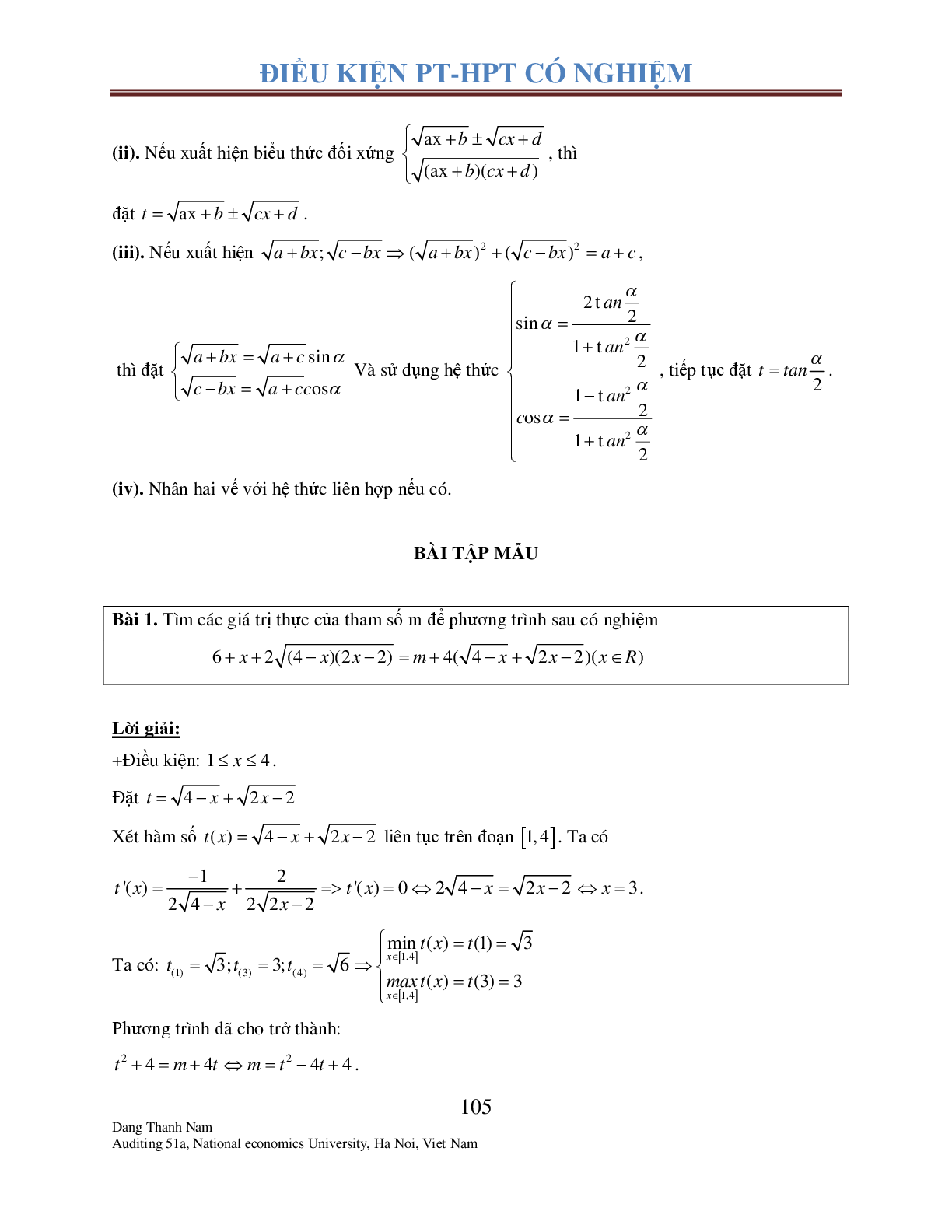 Chuyên đề 2: Tìm điều kiện để Phương trình – Hệ phương trình có nghiệm (trang 4)