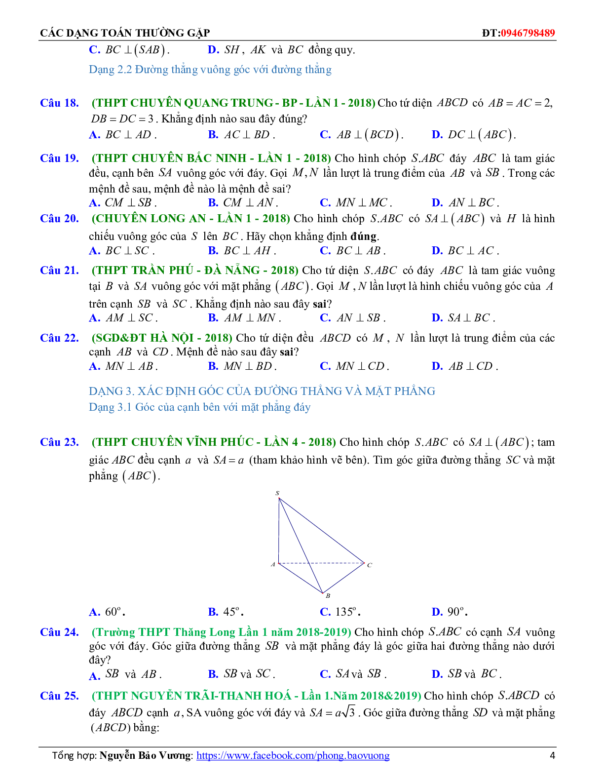 100 Bài tập trắc nghiệm đường thẳng vuông góc với mặt phẳng có đáp án và lời giải 2023 (trang 4)
