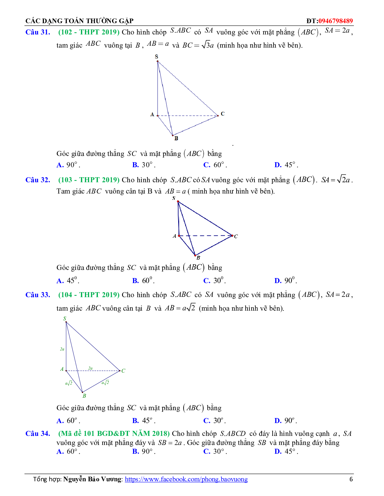 100 Bài tập trắc nghiệm đường thẳng vuông góc với mặt phẳng có đáp án và lời giải 2023 (trang 6)