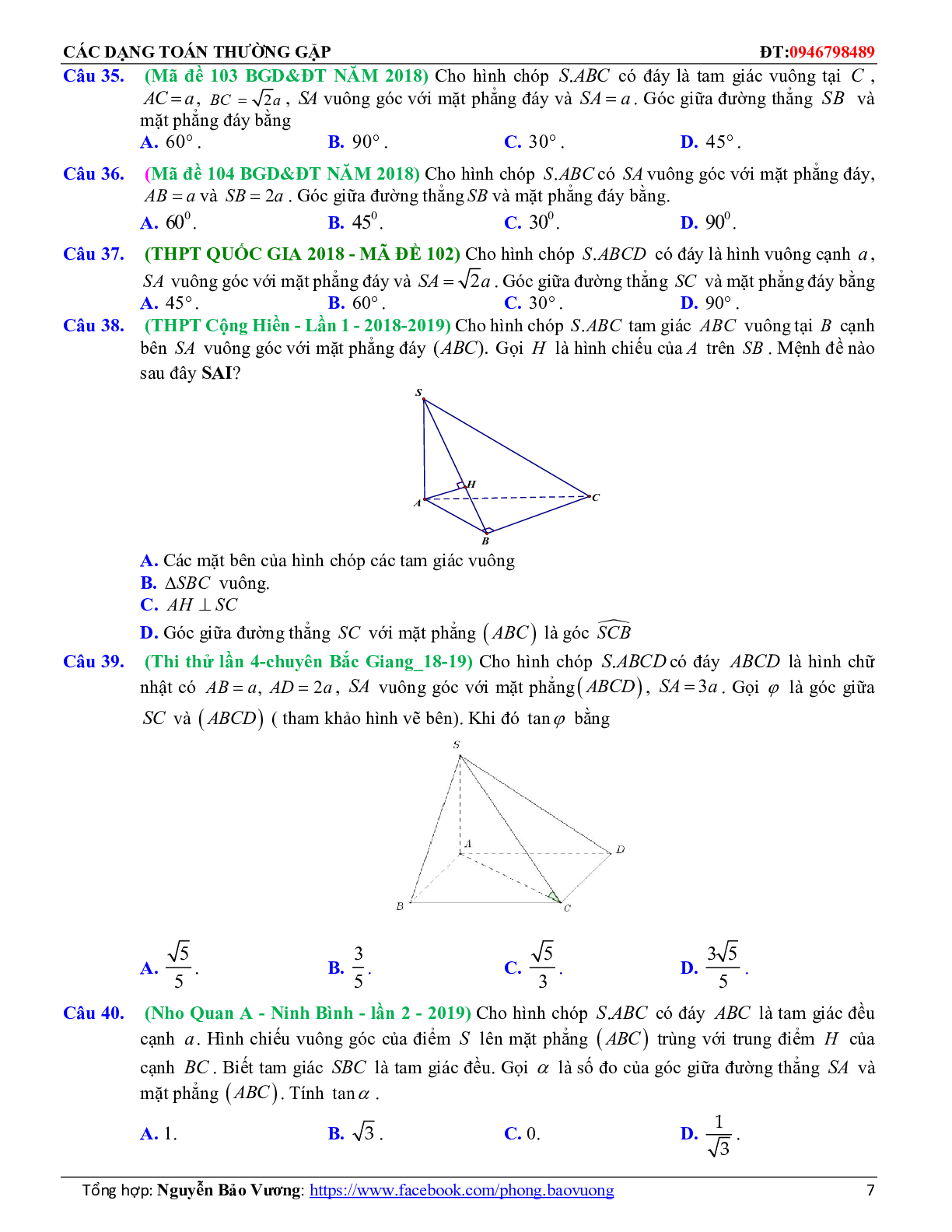 100 Bài tập trắc nghiệm đường thẳng vuông góc với mặt phẳng có đáp án và lời giải 2023 (trang 7)