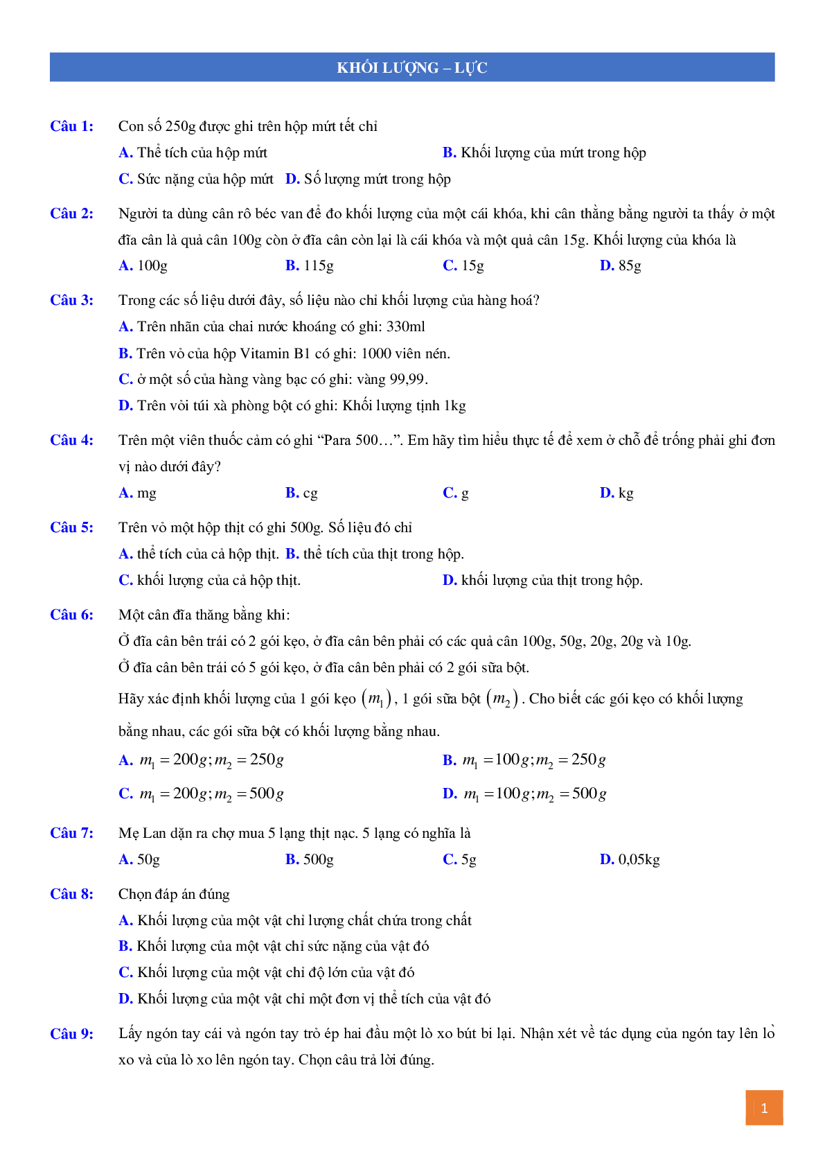 Bài tập trắc nghiệm về khối lượng và lực môn vật lý lớp 6 có đáp án, chọn lọc (trang 1)