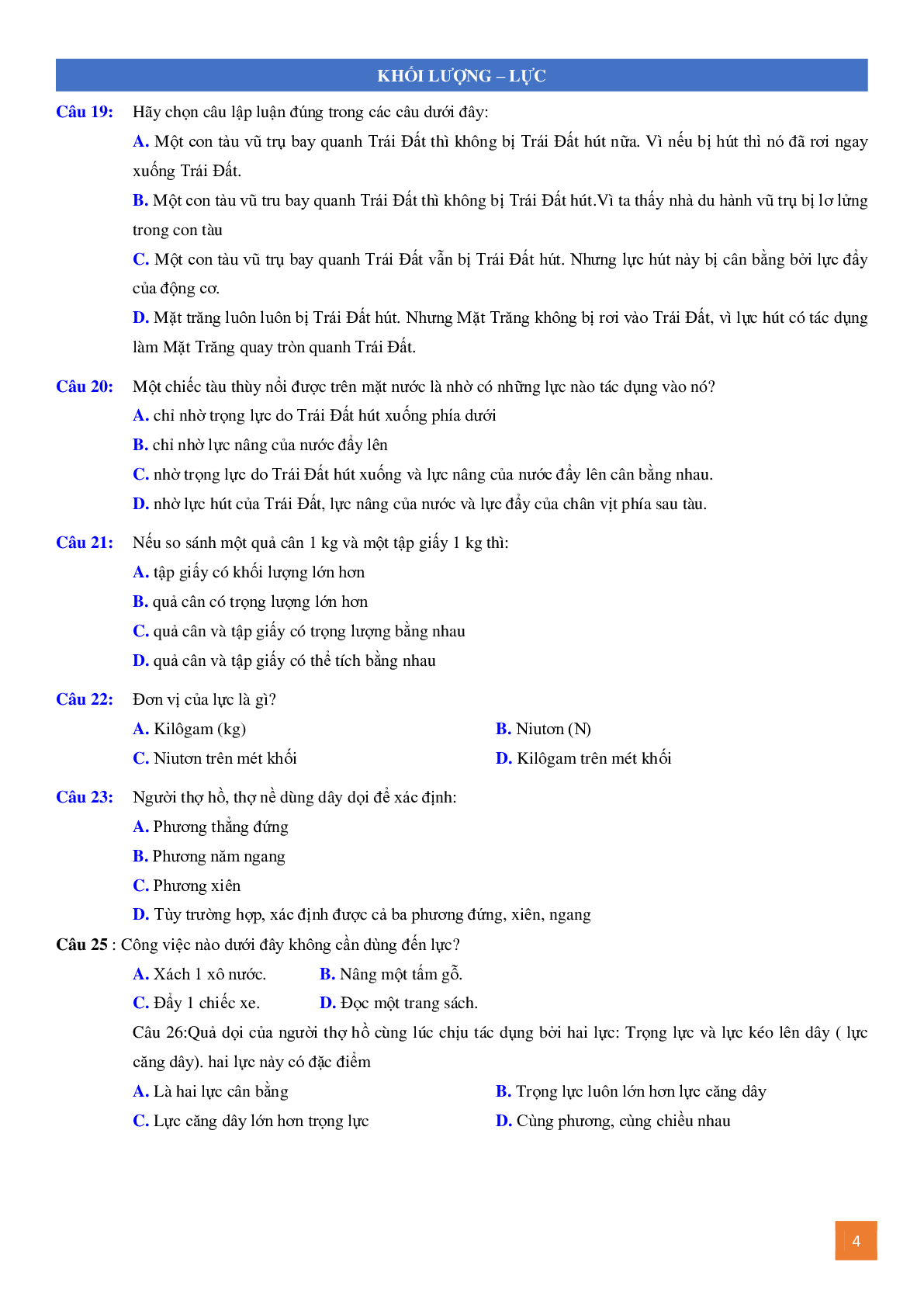 Bài tập trắc nghiệm về khối lượng và lực môn vật lý lớp 6 có đáp án, chọn lọc (trang 4)