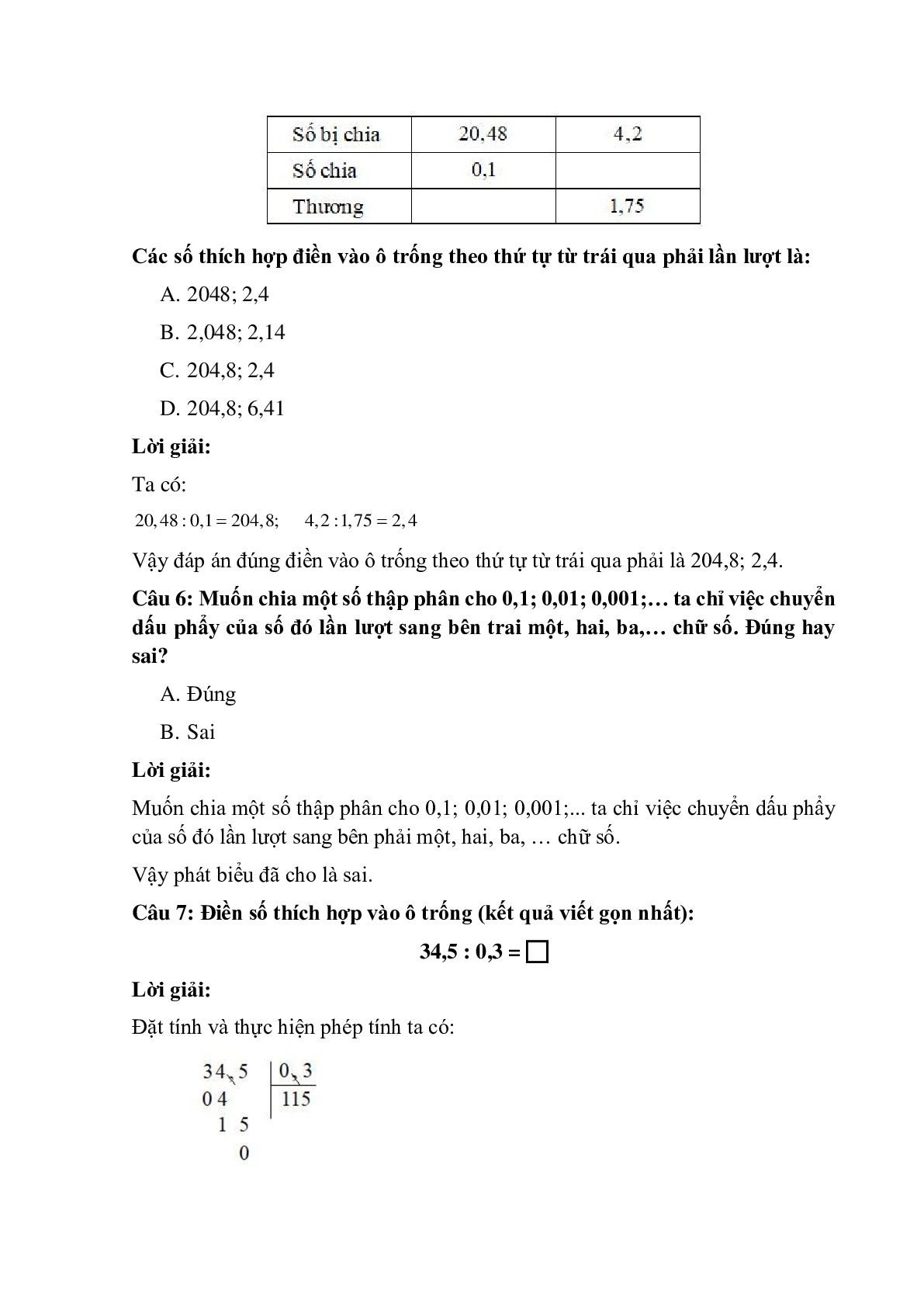 13 câu Trắc nghiệm Chia một số thập phân cho một số thập phân có đáp án 2023 – Toán lớp 5 (trang 3)