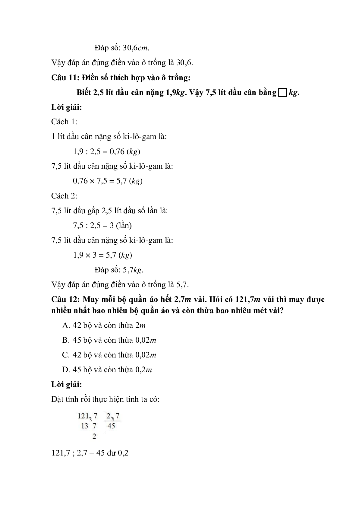 13 câu Trắc nghiệm Chia một số thập phân cho một số thập phân có đáp án 2023 – Toán lớp 5 (trang 5)