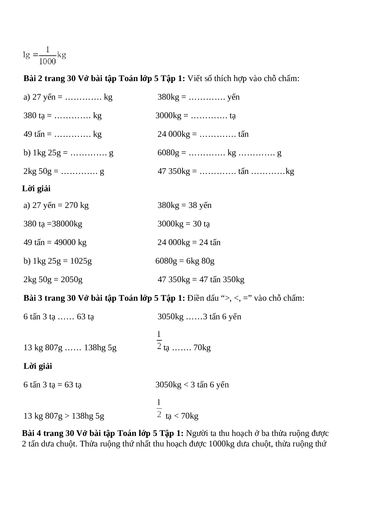 Vở bài tập Toán lớp 5 trang 30 Bài 22: Ôn tập : Bảng đơn vị đo khối lượng (trang 2)