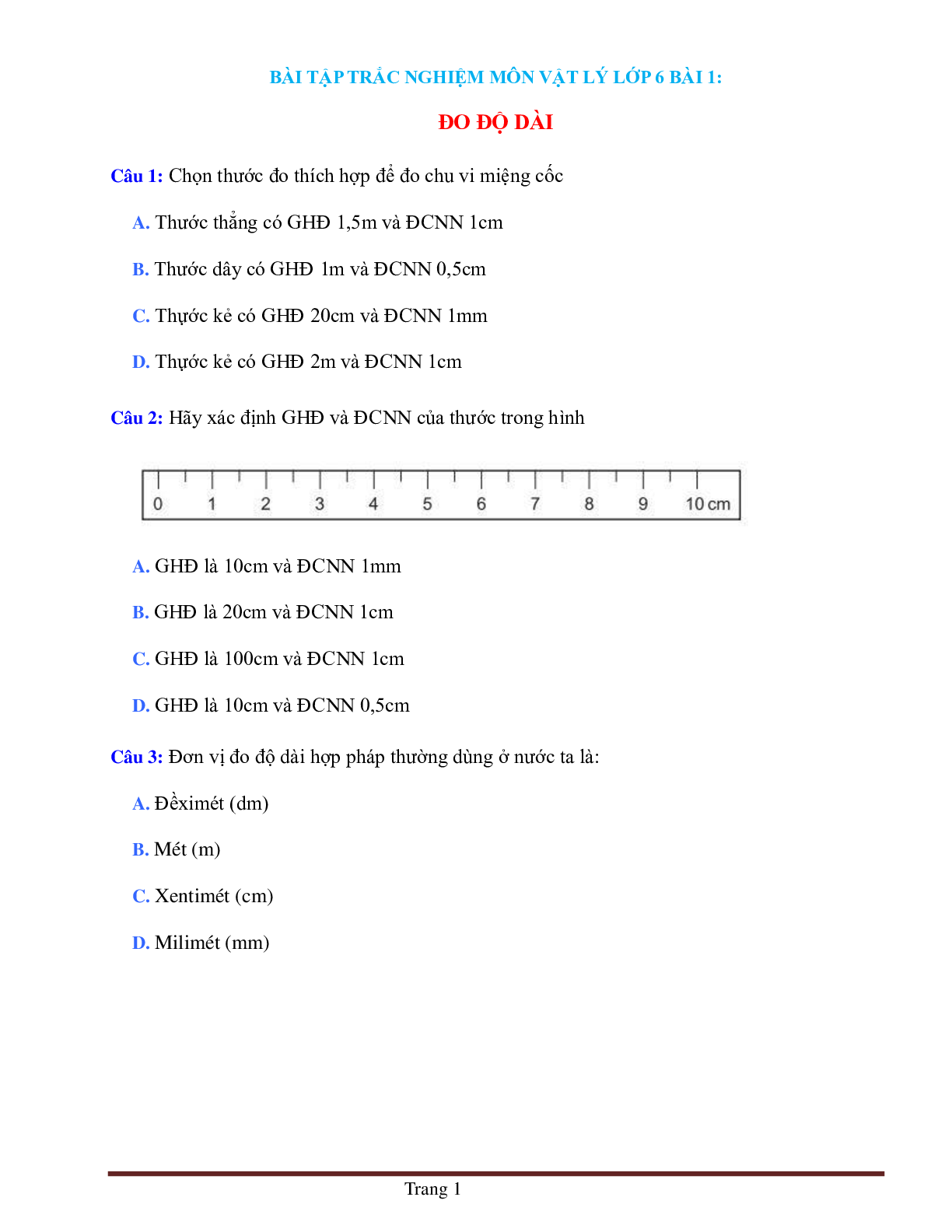 BÀI TẬP TRẮC NGHIỆM MÔN VẬT LÝ LỚP 6 BÀI 1: ĐO ĐỘ DÀI CÓ ĐÁP ÁN, CHỌN LỌC (trang 1)