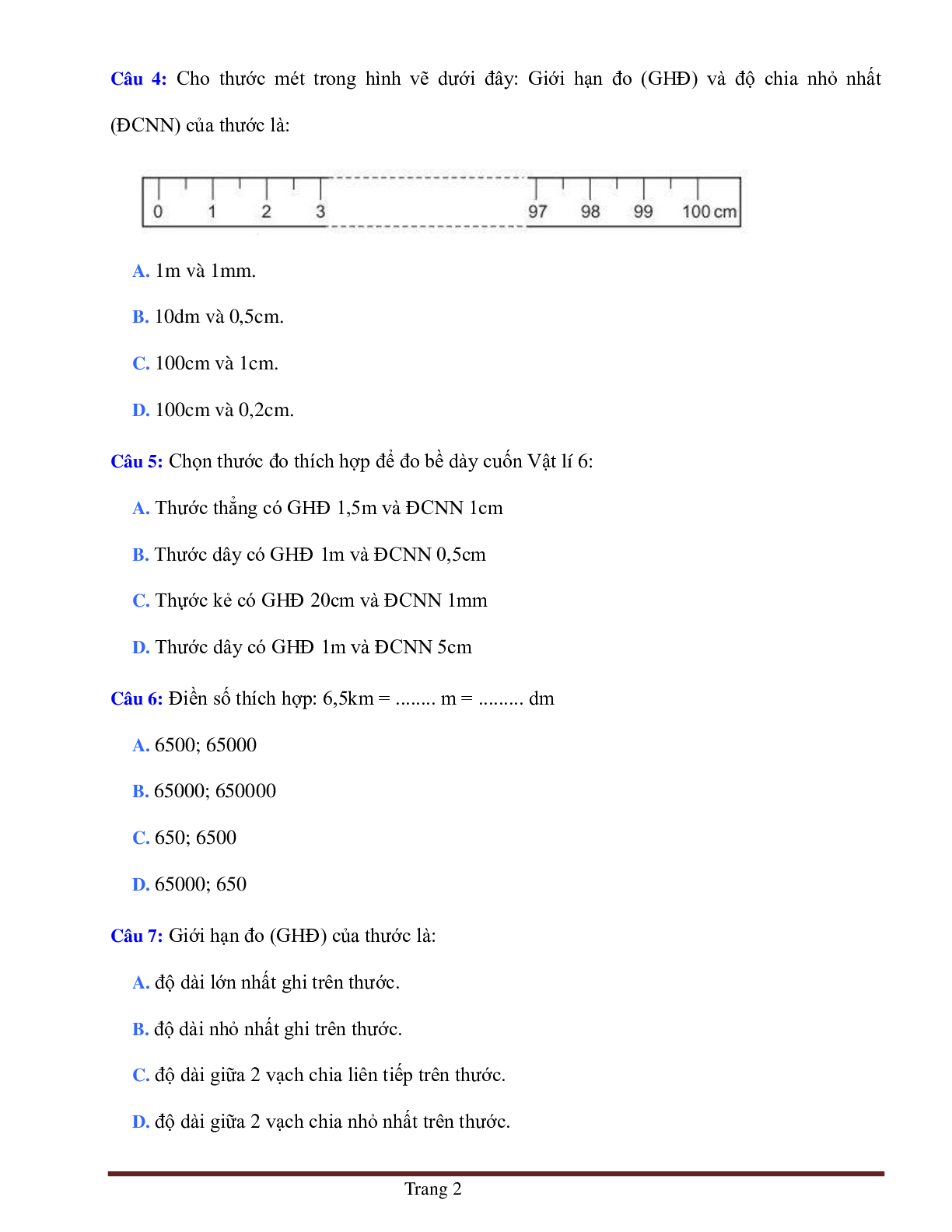 BÀI TẬP TRẮC NGHIỆM MÔN VẬT LÝ LỚP 6 BÀI 1: ĐO ĐỘ DÀI CÓ ĐÁP ÁN, CHỌN LỌC (trang 2)