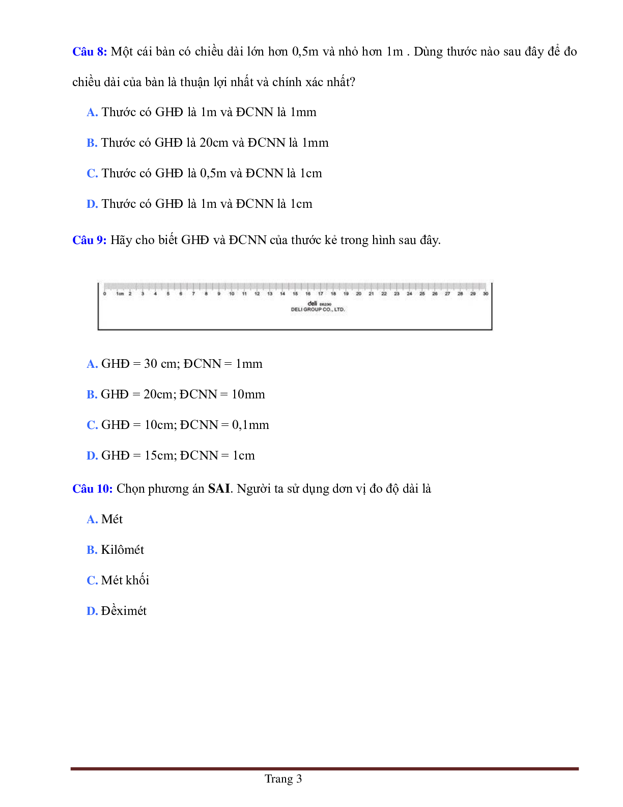 BÀI TẬP TRẮC NGHIỆM MÔN VẬT LÝ LỚP 6 BÀI 1: ĐO ĐỘ DÀI CÓ ĐÁP ÁN, CHỌN LỌC (trang 3)