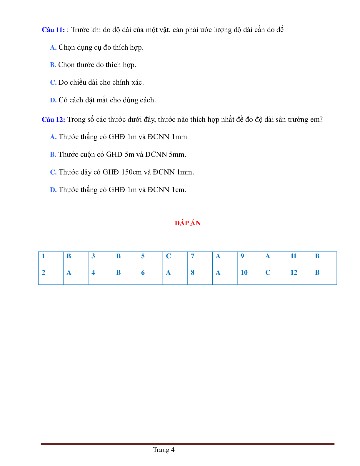 BÀI TẬP TRẮC NGHIỆM MÔN VẬT LÝ LỚP 6 BÀI 1: ĐO ĐỘ DÀI CÓ ĐÁP ÁN, CHỌN LỌC (trang 4)