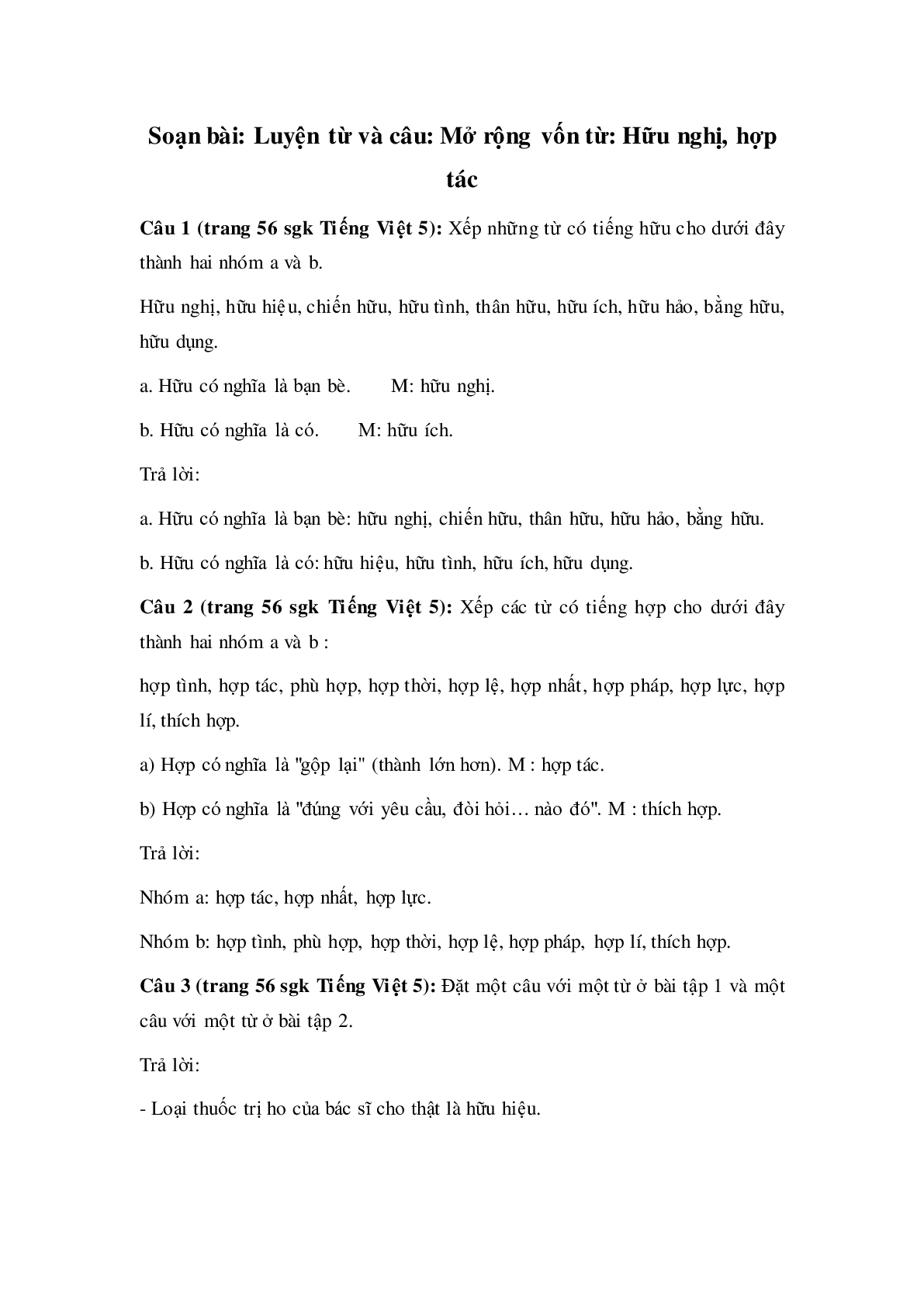 Soạn Tiếng Việt lớp 5: Luyện từ và câu: Mở rộng vốn từ:Hữu nghị, hợp tác mới nhất (trang 1)