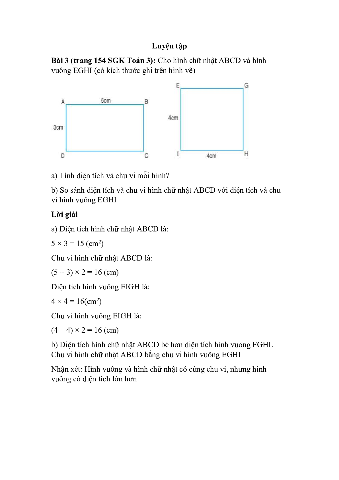 Cho hình chữ nhật ABCD và hình vuông EGHI (có kích thước ghi trên hình vẽ) (trang 1)