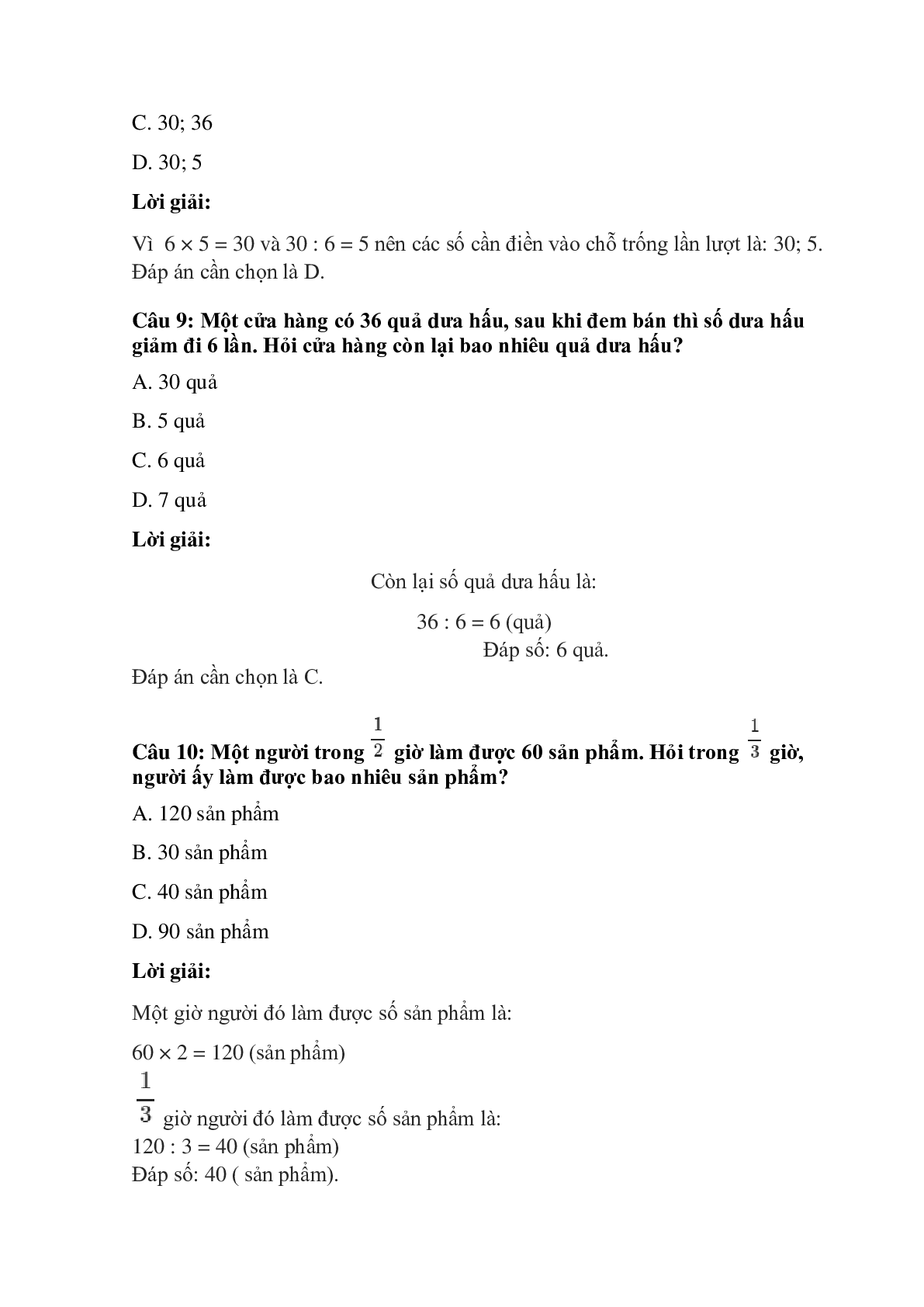 Trắc nghiệm Giảm đi một số lần có đáp án – Toán lớp 3 (trang 4)