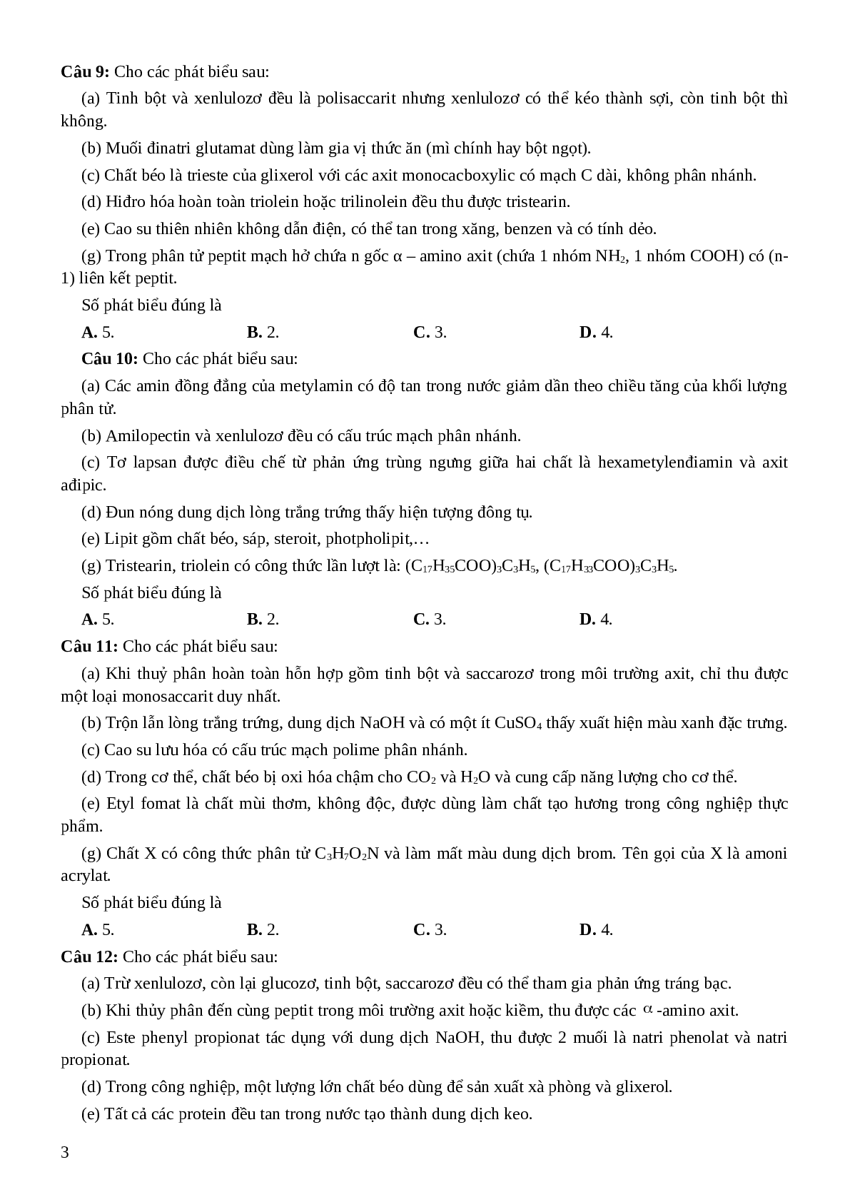 Câu hỏi trắc nghiệm đếm hoá hữu cơ - Hoá Học lớp 12 (trang 3)