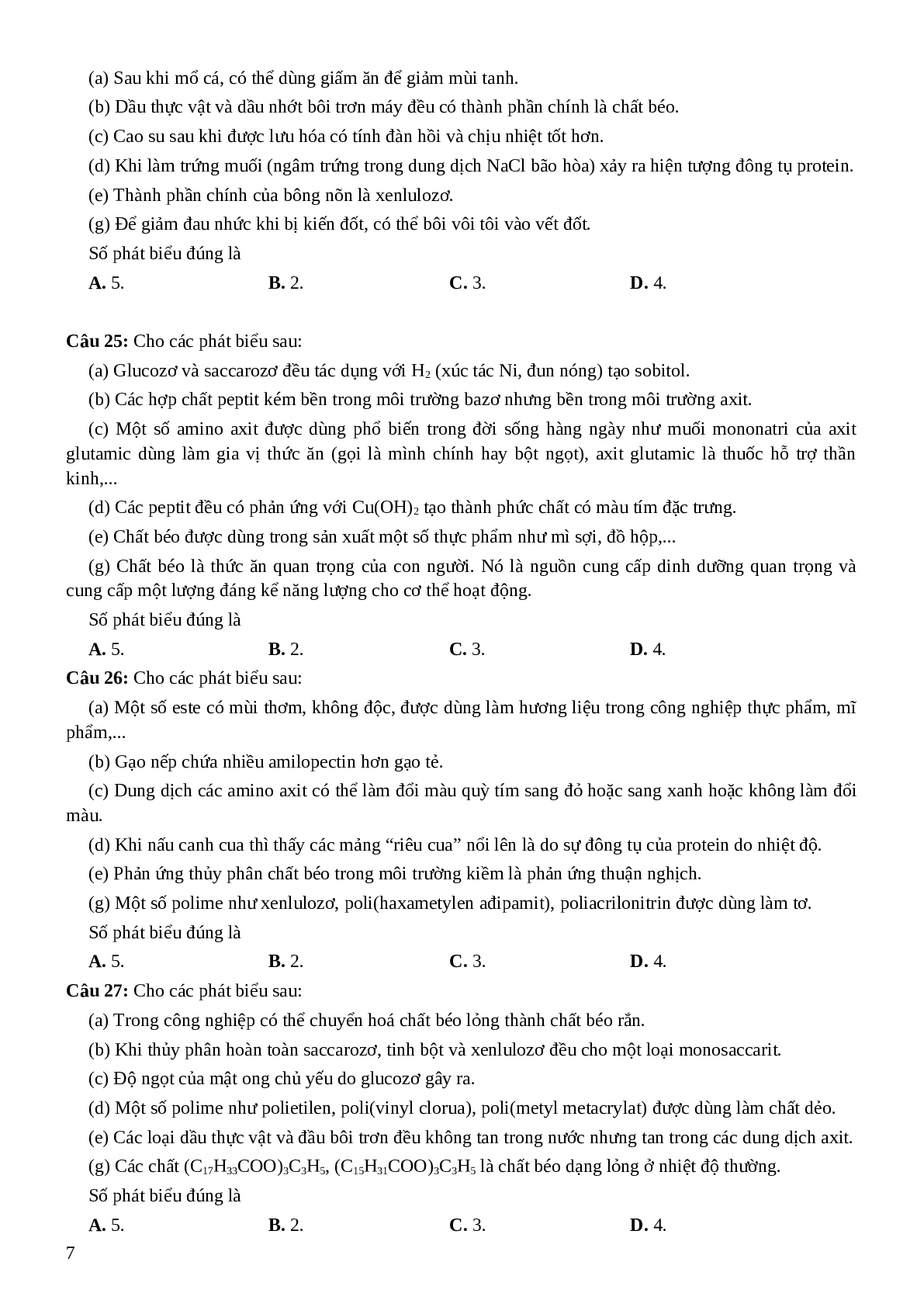 Câu hỏi trắc nghiệm đếm hoá hữu cơ - Hoá Học lớp 12 (trang 7)