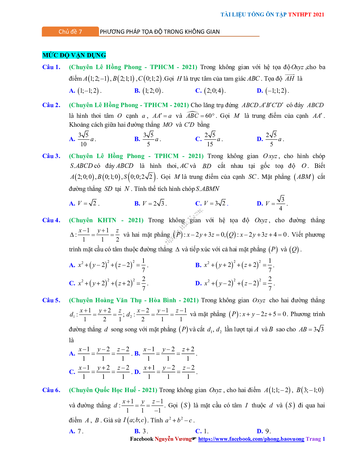 Trắc nghiệm Ôn thi THPT QG Toán 12: Câu hỏi phương pháp tọa độ trong không gian mức độ vận dụng (trang 1)