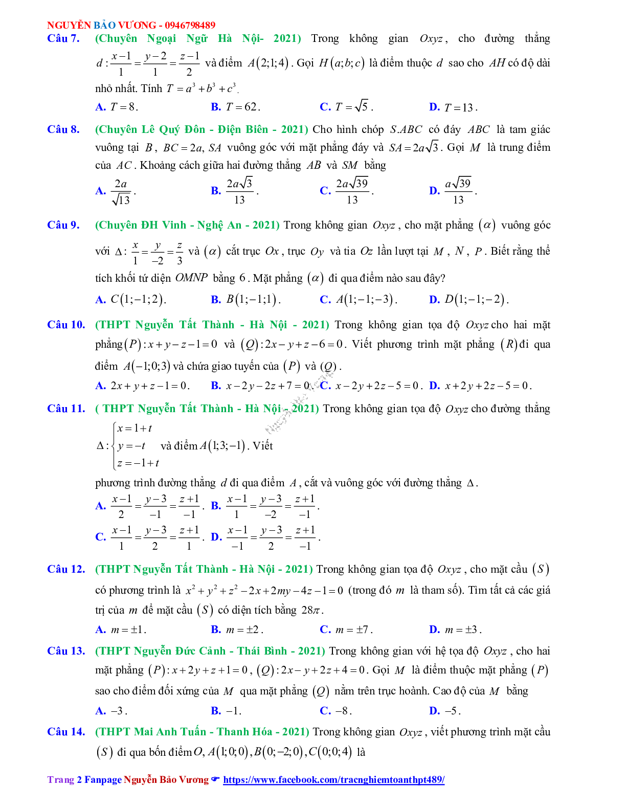 Trắc nghiệm Ôn thi THPT QG Toán 12: Câu hỏi phương pháp tọa độ trong không gian mức độ vận dụng (trang 2)