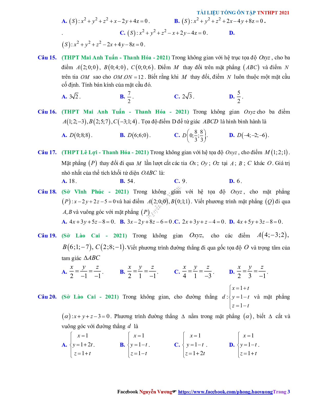 Trắc nghiệm Ôn thi THPT QG Toán 12: Câu hỏi phương pháp tọa độ trong không gian mức độ vận dụng (trang 3)