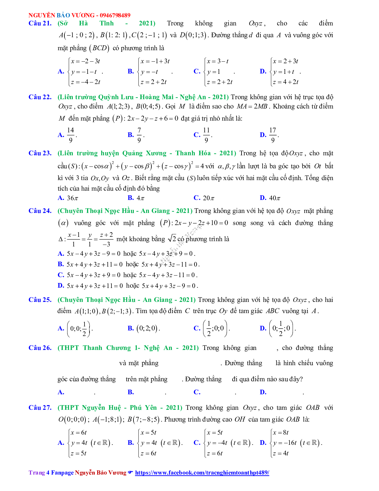 Trắc nghiệm Ôn thi THPT QG Toán 12: Câu hỏi phương pháp tọa độ trong không gian mức độ vận dụng (trang 4)