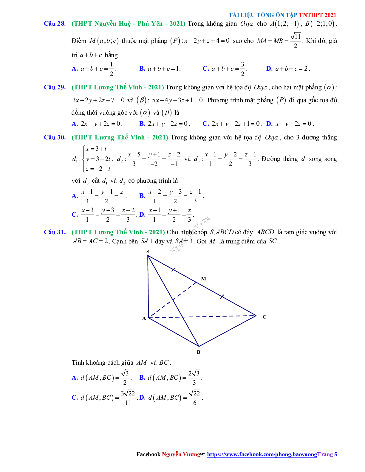 Trắc nghiệm Ôn thi THPT QG Toán 12: Câu hỏi phương pháp tọa độ trong không gian mức độ vận dụng (trang 5)